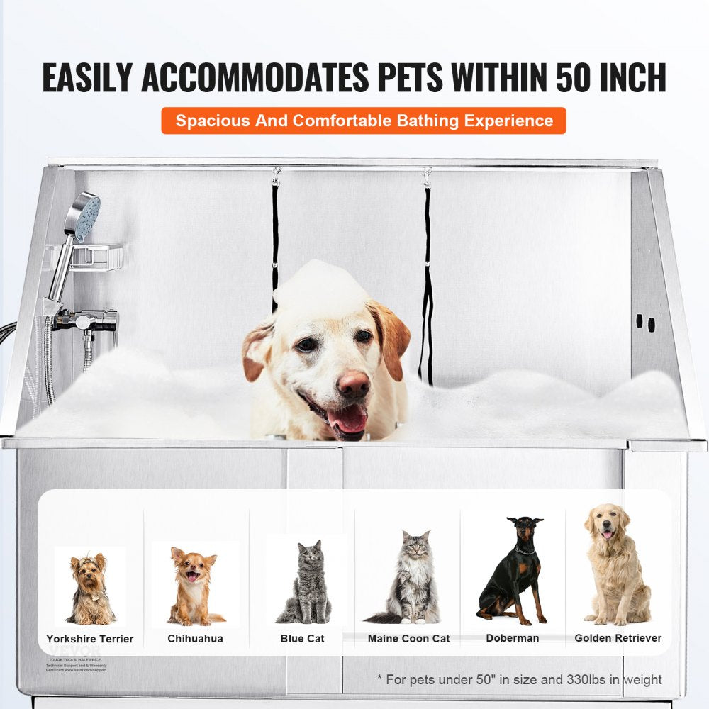 Stainless steel dog grooming tub with electric height adjustment and anti-slip surface.