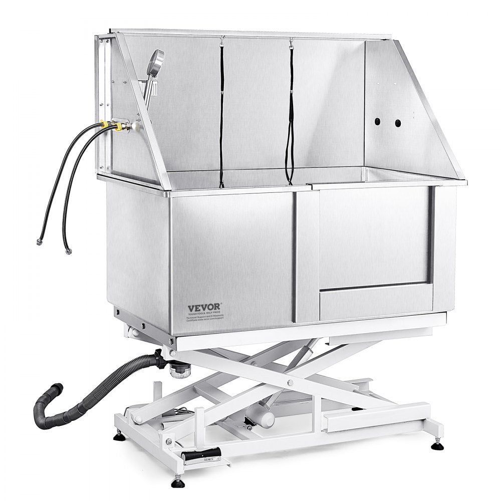 Stainless steel dog grooming tub with electric height adjustment and anti-slip surface.