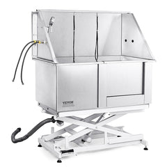 Stainless steel dog grooming tub with electric height adjustment and anti-slip surface.