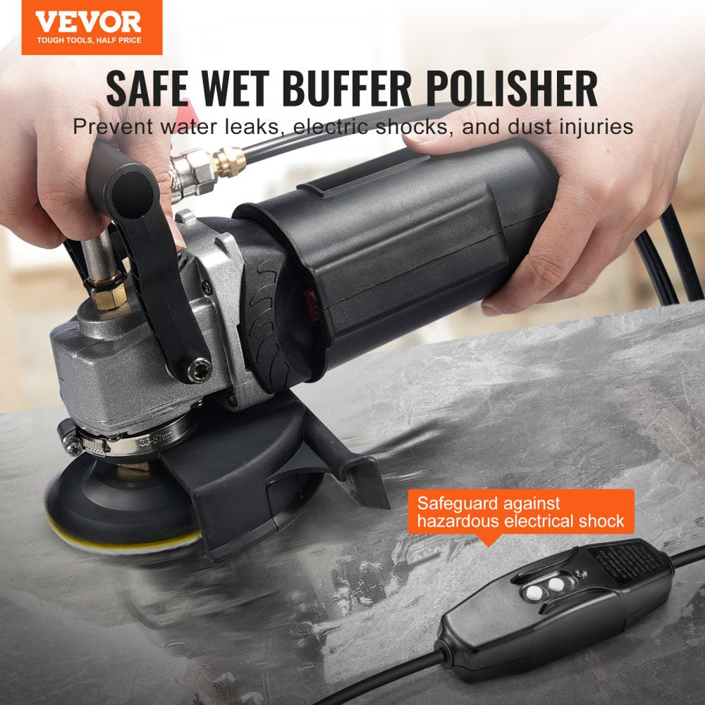 Hands holding a black 4-inch wet stone polisher with water injection and ergonomic grip.