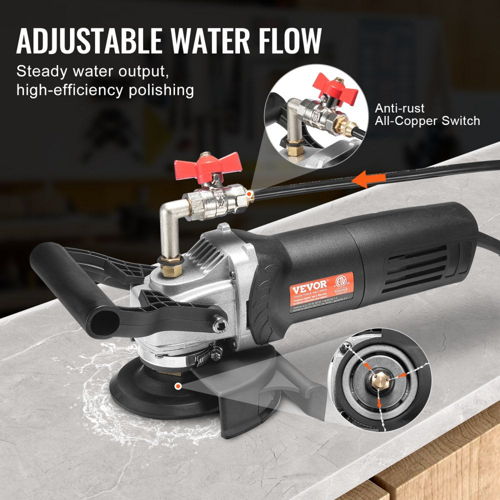 Black and silver 4-inch wet stone polisher with red water flow valve and ergonomic handle.