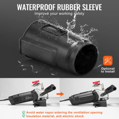 Black waterproof rubber sleeve with water splashing, shown with a wet stone polisher tool below.