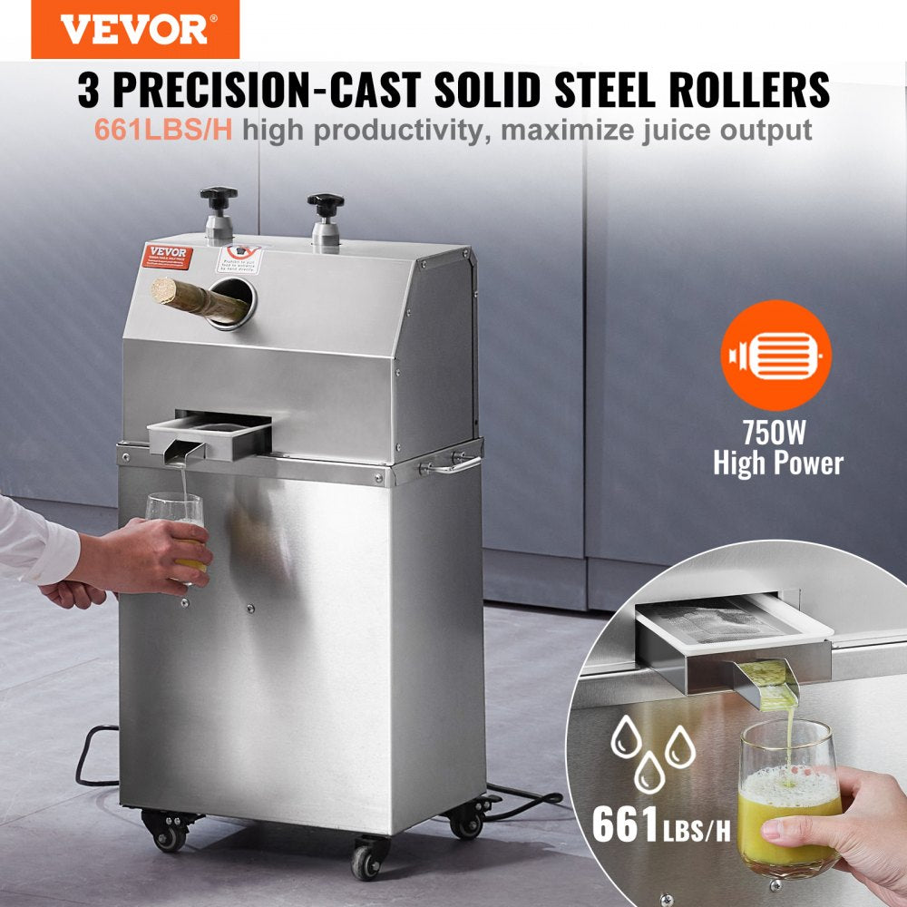 Electric Sugar Cane Juicer, 750W Sugarcane Juicer Machine with 661LBS/H High Output, 3 Stainless Steel Rollers, 2.4" Large Inlet, Sugarcane Juice Extractor Squeezer on Wheels for Home/Commercial