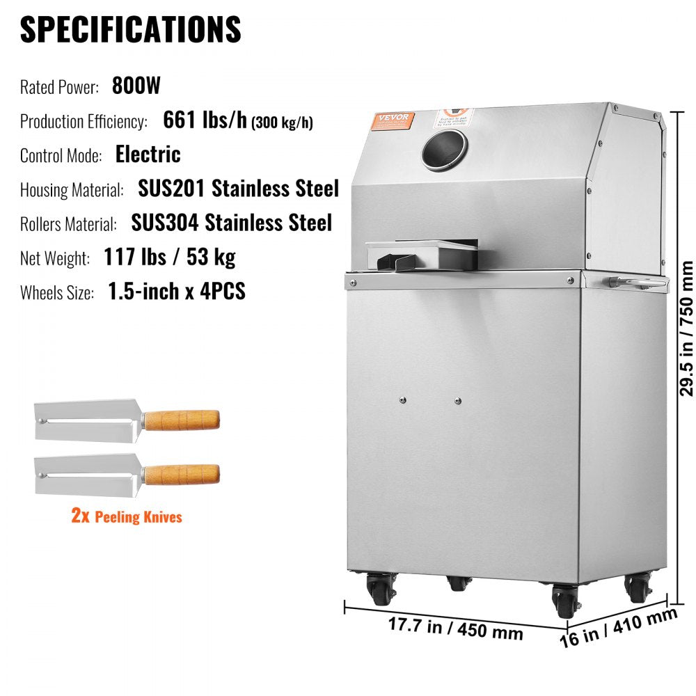 Electric Sugar Cane Juicer, 800W Sugarcane Juicer Machine with 661LBS/H High Output, 3 Stainless Steel Rollers, 2.4" Large Inlet, Sugarcane Juice Extractor Squeezer on Wheels for Home/Commercial