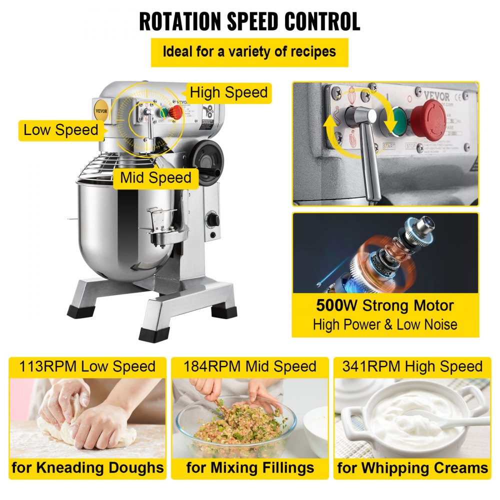 Commercial Food Mixer, 15Qt Commercial Mixer with Timing Function, 500W Stainless Steel Bowl Heavy Duty Electric Food Mixer Commercial with 3 Speeds Adjustable 113/184/341 RPM, Dough Hook Whisk Beater Included, Perfect for Bakery Pizzeria