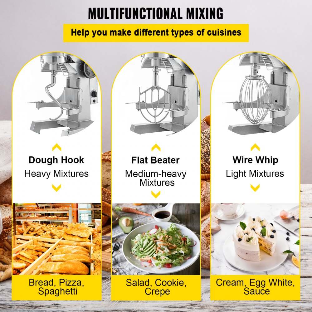 Commercial Food Mixer, 15Qt Commercial Mixer with Timing Function, 500W Stainless Steel Bowl Heavy Duty Electric Food Mixer Commercial with 3 Speeds Adjustable 113/184/341 RPM, Dough Hook Whisk Beater Included, Perfect for Bakery Pizzeria