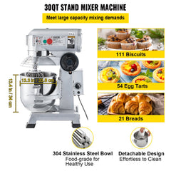 Commercial Food Mixer, 30Qt Commercial Mixer with Timing Function, 1100W Stainless Steel Bowl Heavy Duty Electric Food Mixer Commercial with 3 Speeds Adjustable 108/199/382 RPM, Dough Hook Whisk Beater Included, Perfect for Bakery Pizzeria