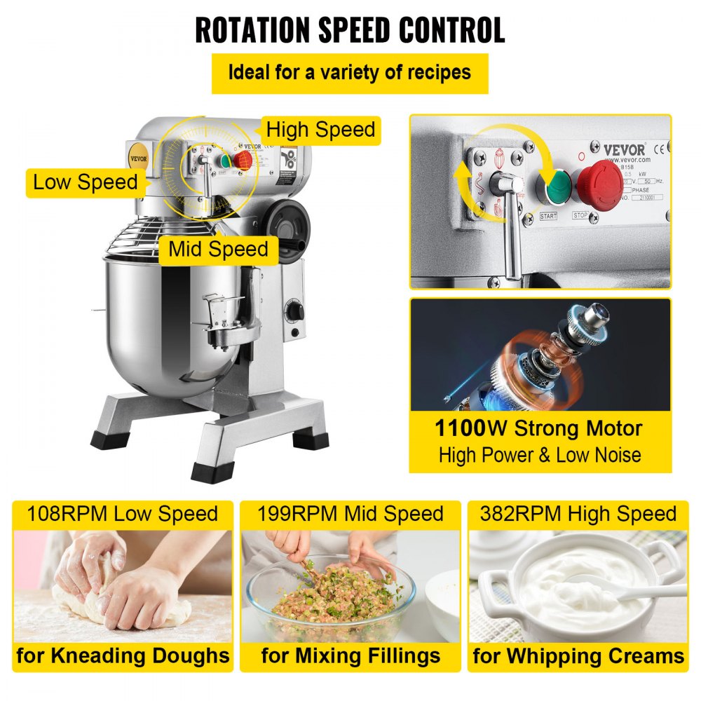 Commercial Food Mixer, 30Qt Commercial Mixer with Timing Function, 1100W Stainless Steel Bowl Heavy Duty Electric Food Mixer Commercial with 3 Speeds Adjustable 108/199/382 RPM, Dough Hook Whisk Beater Included, Perfect for Bakery Pizzeria