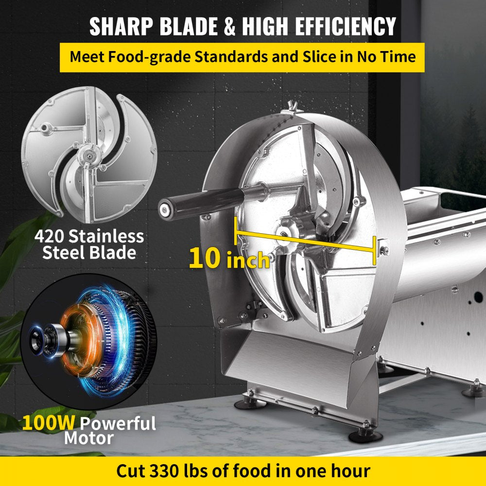 Electric Food Slicer, 10In Manual Vegetable Fruit Slicer, 0-0.4 In Adjustable Thickness Fruit Slicer Machine with Removable Stainless Steel Blade, Non-Slip Feet Commercial Food Slicer, Silver