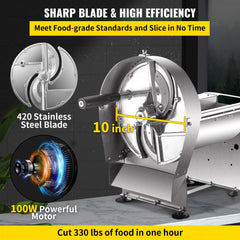 Electric Food Slicer, 10In Manual Vegetable Fruit Slicer, 0-0.4 In Adjustable Thickness Fruit Slicer Machine with Removable Stainless Steel Blade, Non-Slip Feet Commercial Food Slicer, Silver