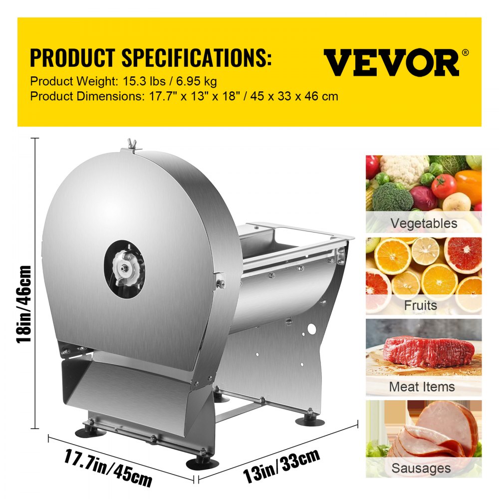 Electric Food Slicer, 10In Manual Vegetable Fruit Slicer, 0-0.4 In Adjustable Thickness Fruit Slicer Machine with Removable Stainless Steel Blade, Non-Slip Feet Commercial Food Slicer, Silver