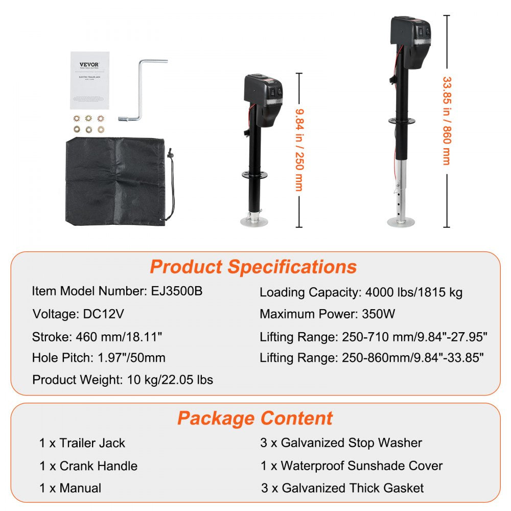 Electric Trailer Jack, Power Tongue Jack Weight Capacity 4000 lbs, 9.84"-33.85" Electric Tongue Jack with Waterproof Cover for Lifting RV Trailer, Horse Trailer, Utility Trailer, Yacht Trailer