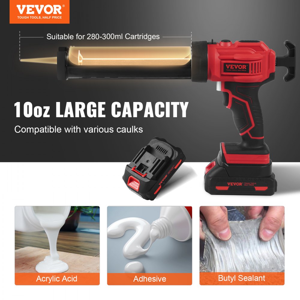 Red Bostome 20V cordless caulking gun with 10oz capacity, 4 speeds, anti-drip feature, and battery.