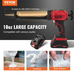Red Bostome 20V cordless caulking gun with 10oz capacity, 4 speeds, anti-drip feature, and battery.
