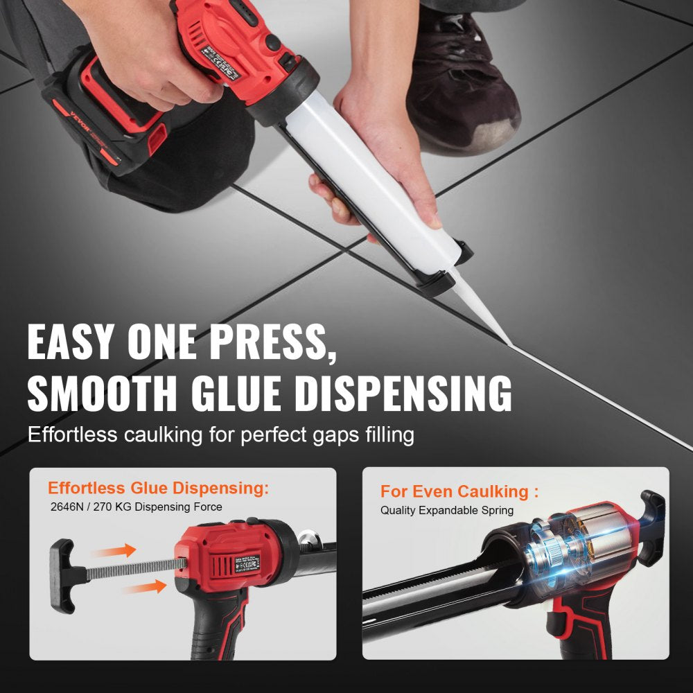 Person using a red and black Bostome 20V cordless caulking gun on tile floor grout line.