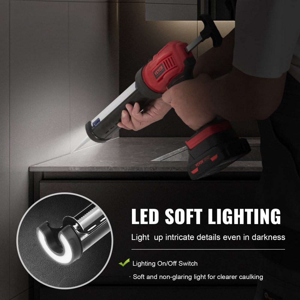Cordless caulking gun with red handle, battery pack, and built-in LED light.