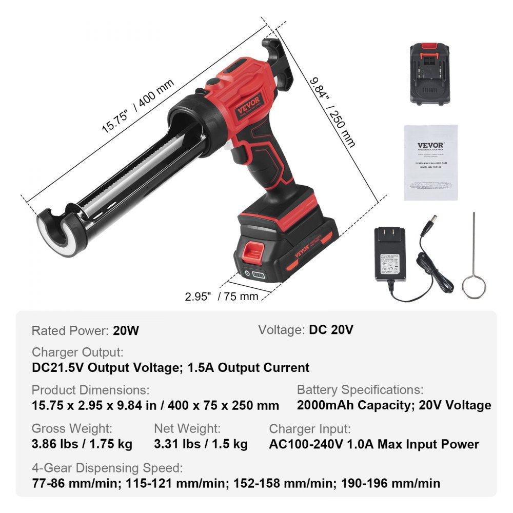 Bostome 20V cordless caulking gun with 10oz tube, 4 speeds, anti-drip, and LED light.