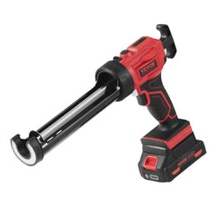 Red Bostome 20V cordless caulking gun with battery, 10oz capacity, and 4 speeds.