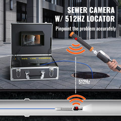 Bostome sewer camera with 512Hz locator, 100ft cable, and 7-inch screen in open case.