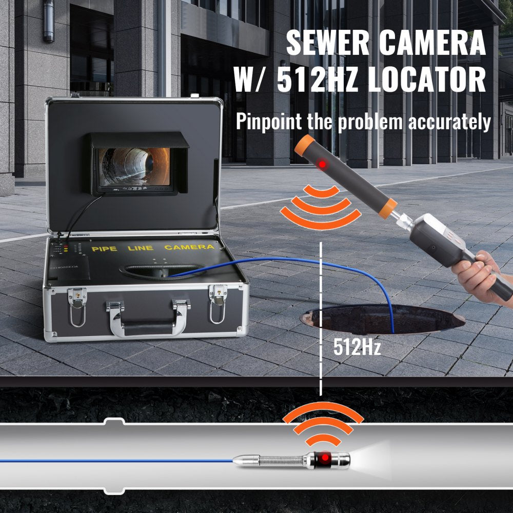 Bostome sewer camera with 512Hz locator, 7-inch screen, and 131ft cable for pipeline inspection.