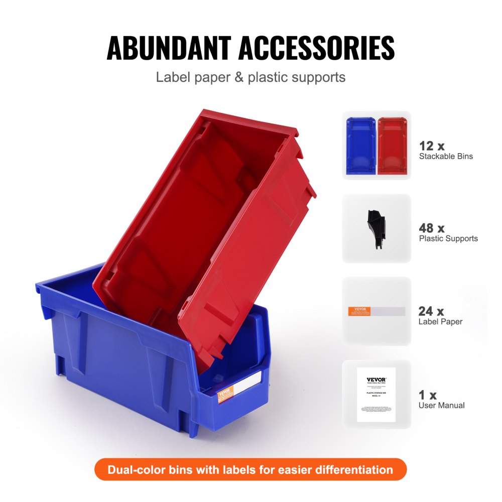 Plastic Storage Bin, (11-Inch x 5-Inch x 5-Inch), Hanging Stackable Storage Organizer Bin, Blue/Red, 12-Pack, Heavy Duty Stacking Containers for Closet, Kitchen, Office, or Pantry Organization