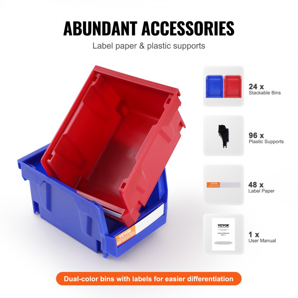 Plastic Storage Bin, (5-Inch x 4-Inch x 3-Inch), Hanging Stackable Storage Organizer Bin, Blue/Red, 24-Pack, Heavy Duty Stacking Containers for Closet, Kitchen, Office, or Pantry Organization
