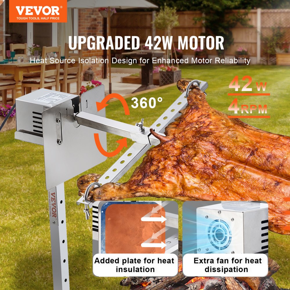 46" Electric BBQ Rotisserie Grill Kit Stainless Steel Grill 90lb Pig Lamb