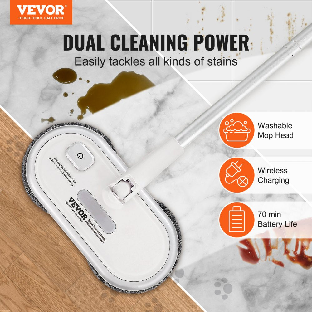 Cordless electric spin mop with dual heads, 70-minute battery, and swivel design.