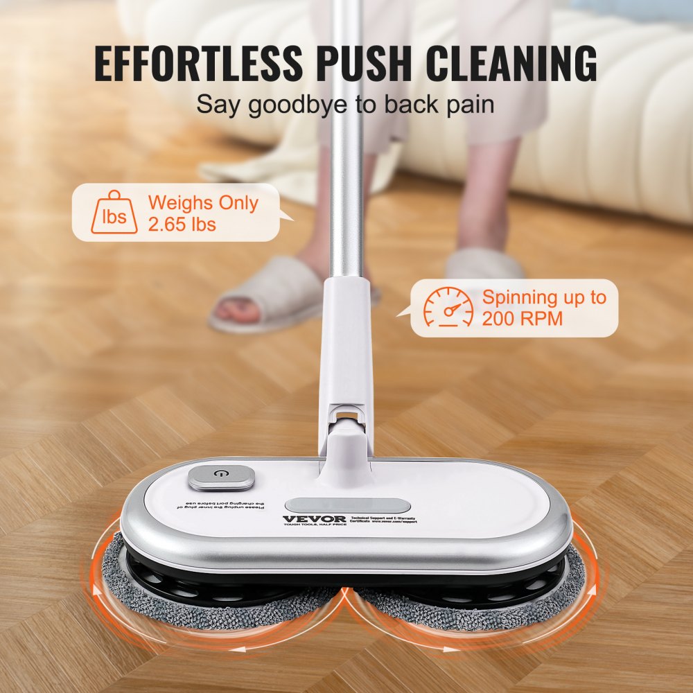 Bostome cordless electric spin mop with dual heads, 2.65 lbs weight, and 200 RPM spinning.