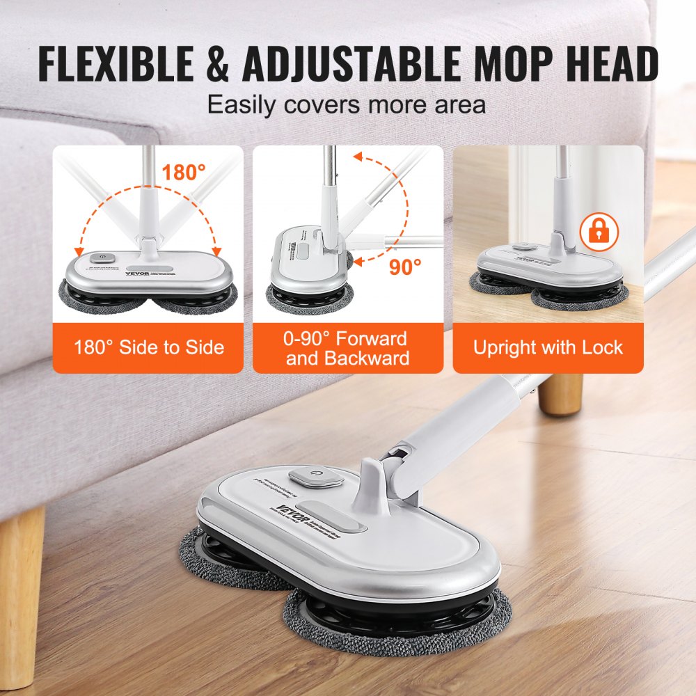 Cordless electric spin mop with dual rotating heads, 180-degree swivel, and adjustable pole.
