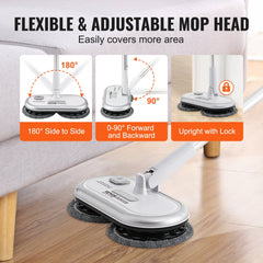 Cordless electric spin mop with dual rotating heads, 180-degree swivel, and adjustable pole.