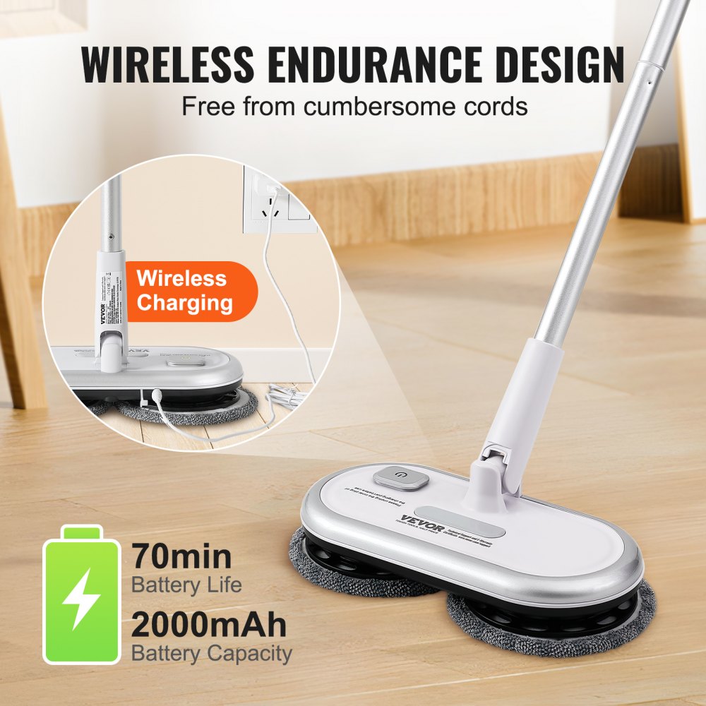 Cordless electric spin mop with dual heads, 70-minute battery, and silver frame.