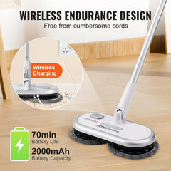 Cordless electric spin mop with dual heads, 70-minute battery, and silver frame.