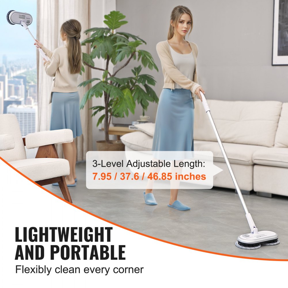 Two women using a lightweight cordless electric spin mop with dual heads and adjustable pole in a modern living room.