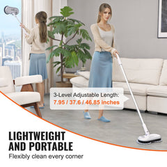 Two women using a lightweight cordless electric spin mop with dual heads and adjustable pole in a modern living room.