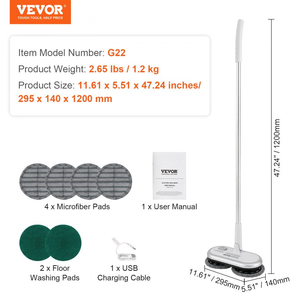 Cordless electric spin mop with dual heads, 70-minute battery, and adjustable pole.