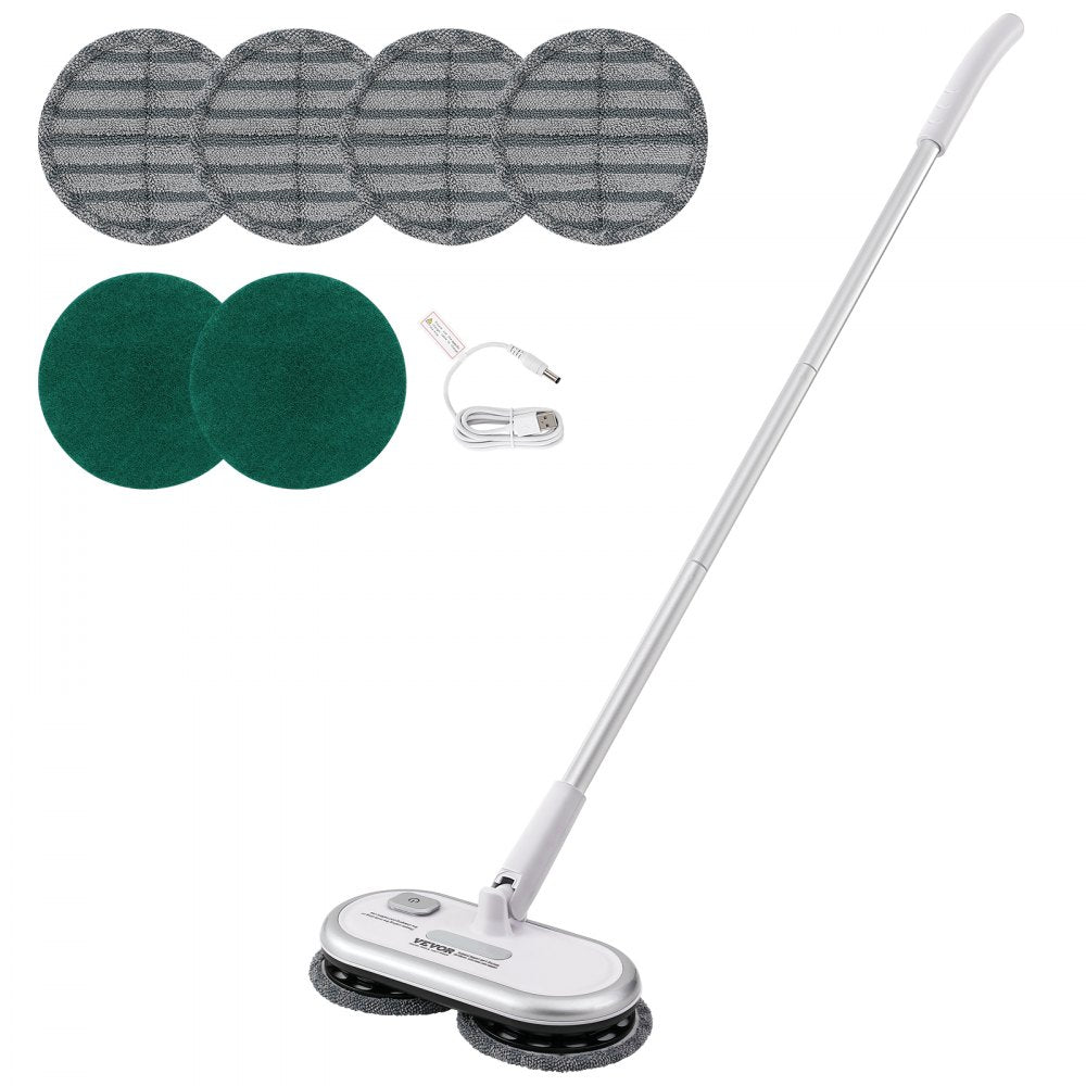 Cordless electric spin mop with dual heads, gray and green mop pads, and 70-minute battery.