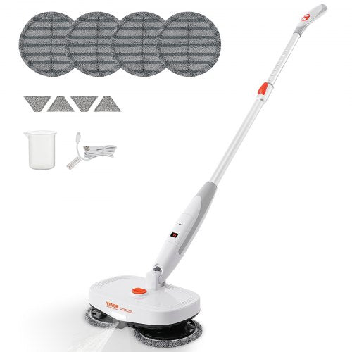 Cordless electric spin mop with LED headlight and adjustable length for easy cleaning.