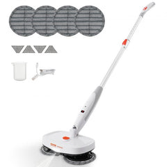 Cordless electric spin mop with LED headlight and adjustable length for easy cleaning.