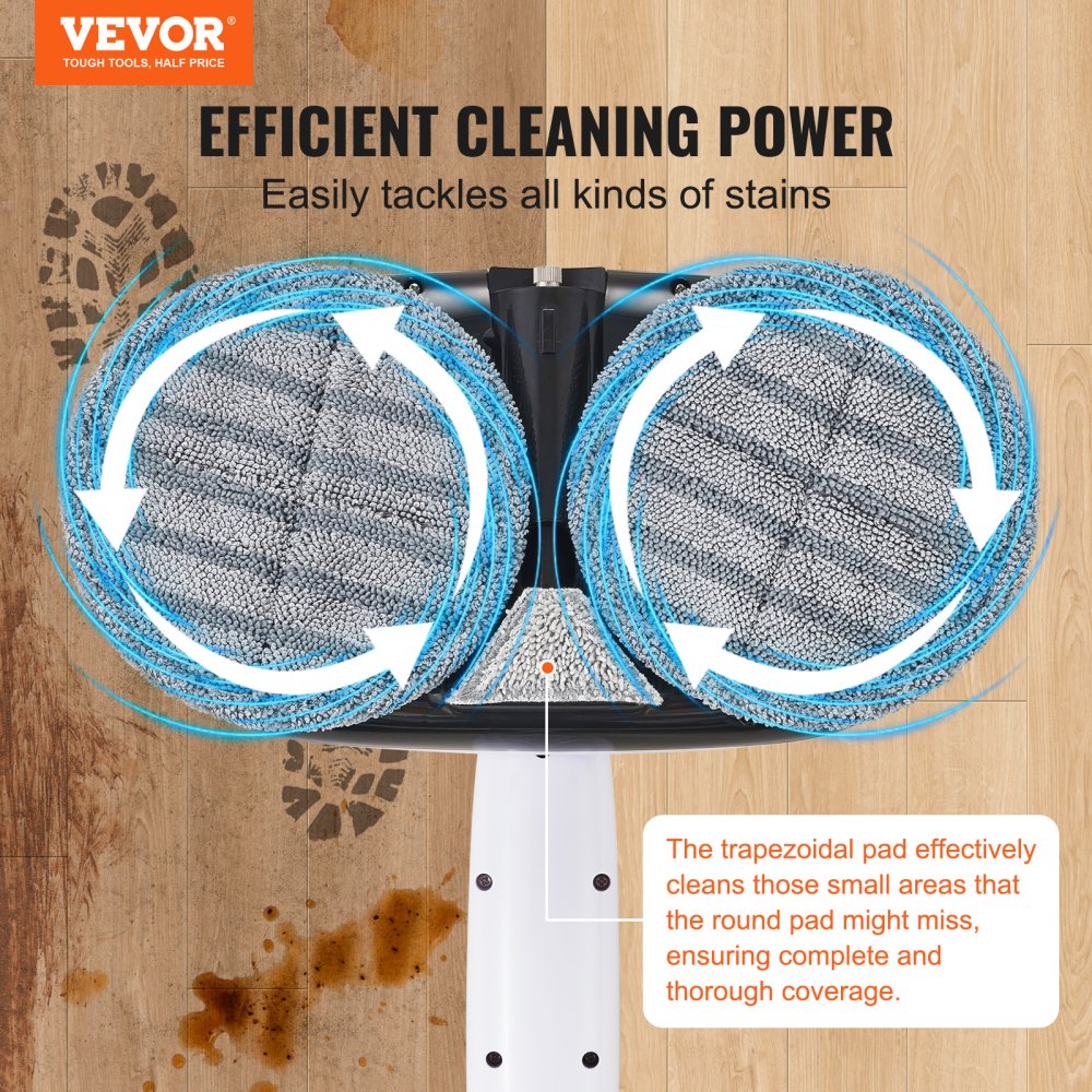 Cordless electric spin mop with LED headlight and flexible mop head for efficient cleaning.