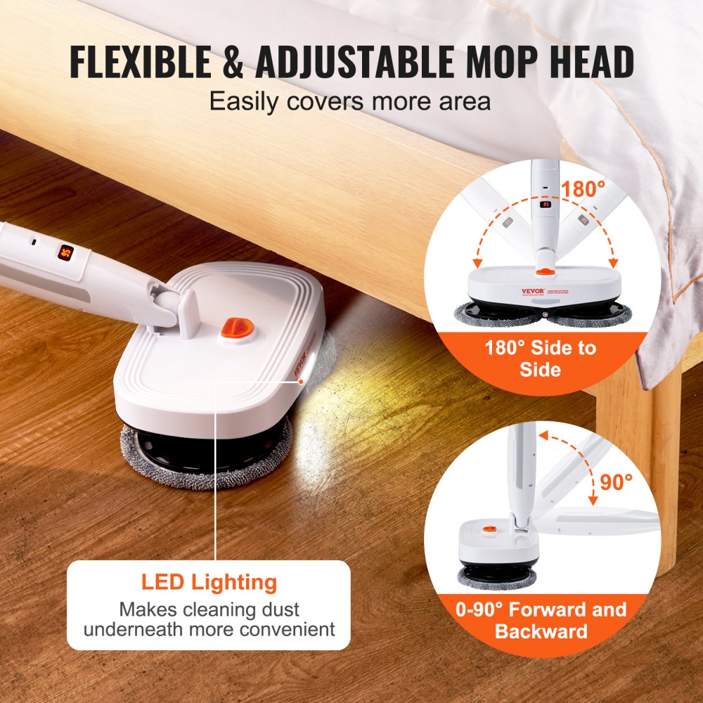 Cordless electric spin mop with LED headlight, lightweight design, and adjustable mop head.