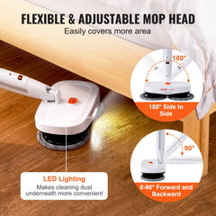 Cordless electric spin mop with LED headlight, lightweight design, and adjustable mop head.