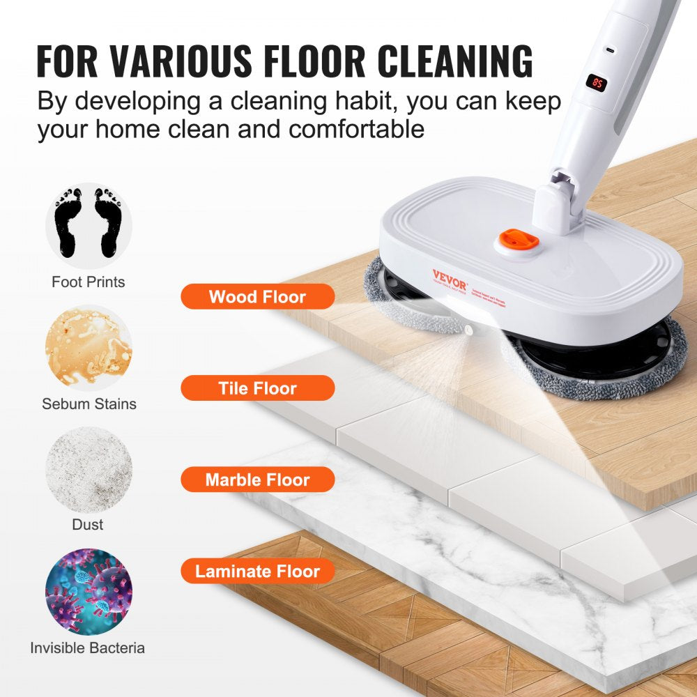 Cordless electric spin mop with LED headlight and adjustable length for easy cleaning.