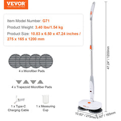 Cordless electric spin mop with LED headlight, lightweight design, and adjustable length.