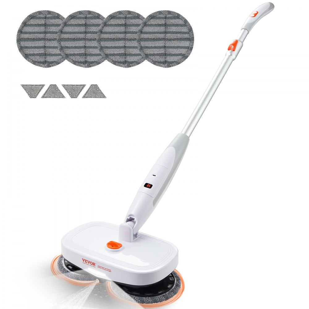 Cordless electric spin mop with LED headlight and adjustable length for easy cleaning.