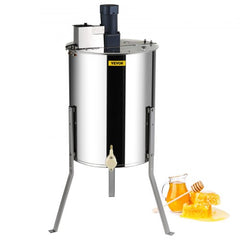 Stainless steel electric honey extractor with adjustable height and clear monitoring lid.