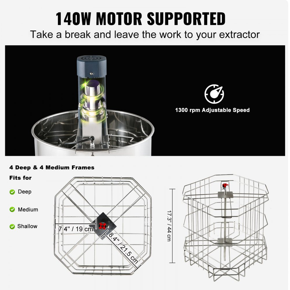 Stainless steel electric honey extractor with adjustable height and clear monitoring lid.