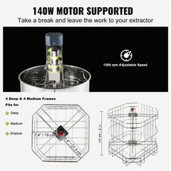 Stainless steel electric honey extractor with adjustable height and clear monitoring lid.