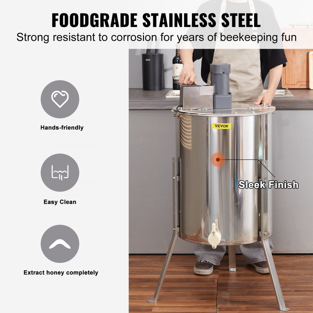 Bostome electric honey extractor with stainless steel body and adjustable height stand.