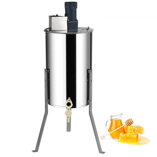 Electric stainless steel honey extractor with 2/4 frame capacity, adjustable stand, and honey jar.